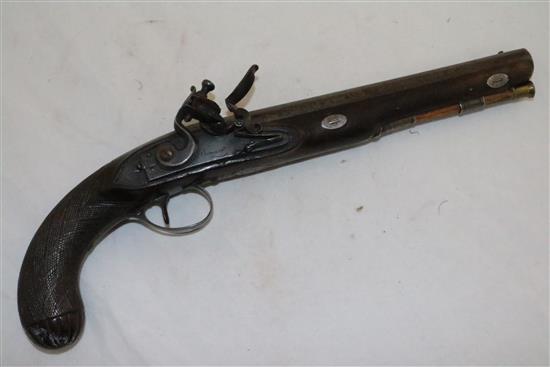 A George III flintlock holster pistol, by Bennett, c.1785, 14.5in.